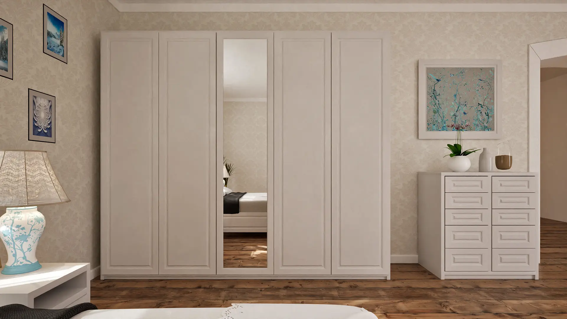 Moderný interiér spálne so vstavanou skriňou na mieru od AMDOOR